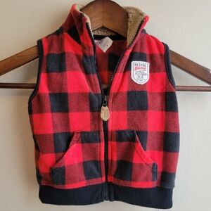 Baby Boys Holiday Cabincore Red Black Buffalo Plaid Fleece Vest Sherpa, 12M